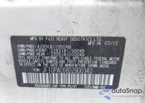 2013 Subaru Impreza 2.0I Premium from USA, damaged, VIN JF1GPAC68D2900340